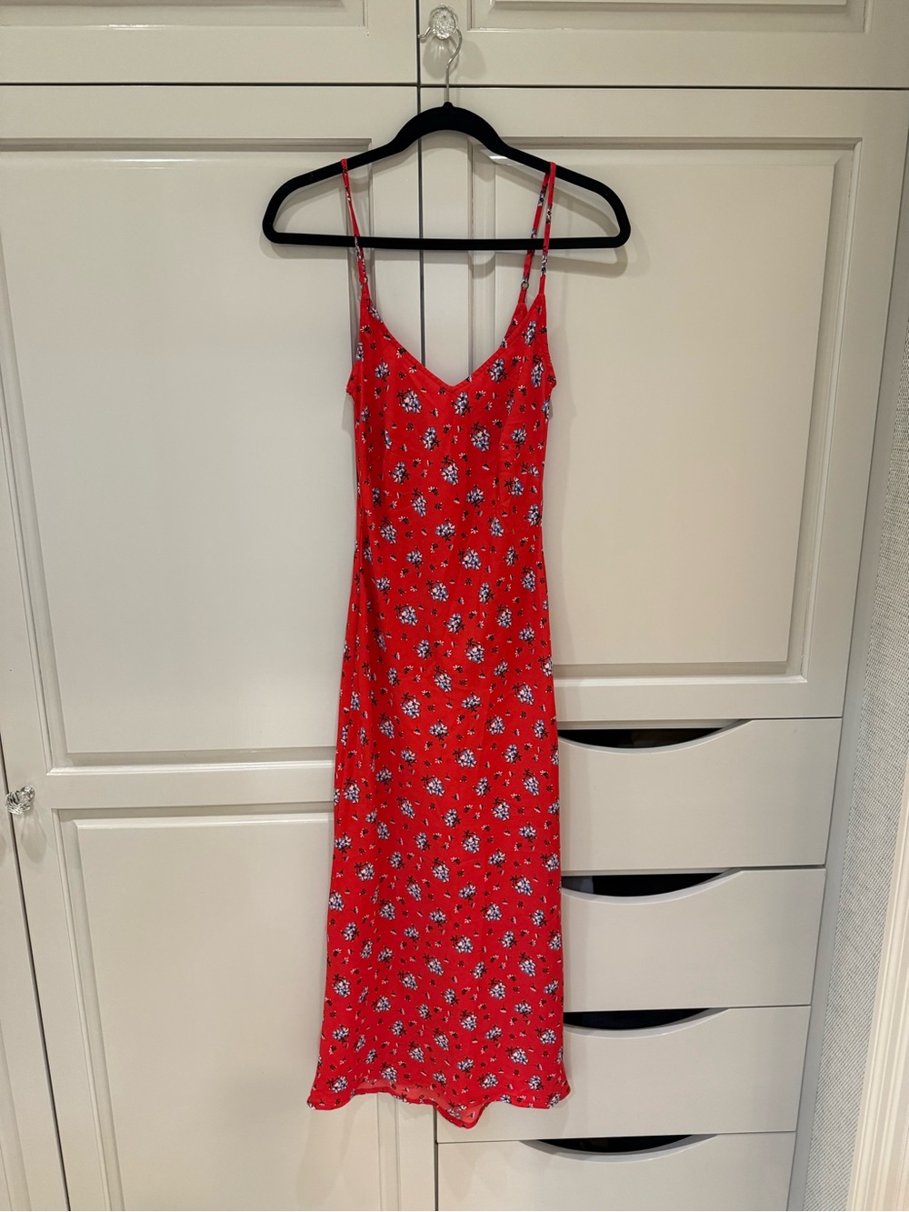 Red Floral Slip Midi Dress with Spaghetti Straps